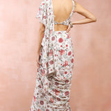 Off White Gulbagh Print Embroidered Choli With Pre-Stitched Frill Saree