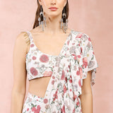 Off White Gulbagh Print Embroidered Choli With Pre-Stitched Frill Saree