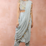 Powder Blue Choli And Low Crotch Pant With Attached Drape