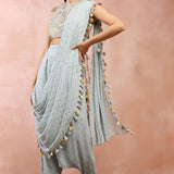 Powder Blue Choli And Low Crotch Pant With Attached Drape