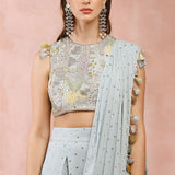 Powder Blue Choli And Low Crotch Pant With Attached Drape