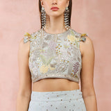 Powder Blue Choli And Low Crotch Pant With Attached Drape