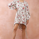 White Gulbagh Print Front Embroidered Balloon Top