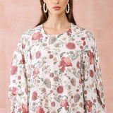 White Gulbagh Print Front Embroidered Balloon Top