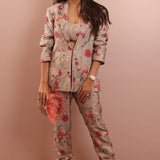 Grey Gulbagh Print Blazer With Bustier And Pant