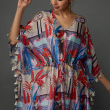 Red Tropical Print Kaftan With Tassels
