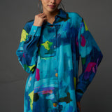 Teal Painterly Print Shirt With Jogger Pant