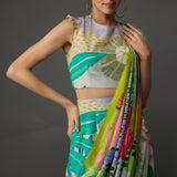 Tropical Print Crepe Top & Low-Crotch Drape Pants