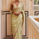 Mint Gold Print Saree With Embroidered Blouse