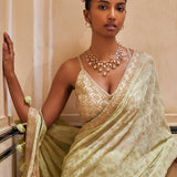 Mint Gold Print Saree With Embroidered Blouse