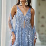 Blue Mirror Work Jacket Sharara Set