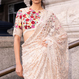 Beige Multi-Coloured Thread Work Saree
