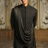 Black Draped Bandhgala Set