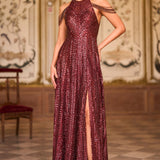 Maroon Sequin Halter Neck Gown