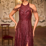 Maroon Sequin Halter Neck Gown