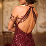 Maroon Sequin Halter Neck Gown