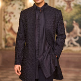 Navy Open Sherwani Set