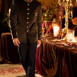 Green Velvet Bandhgala Set
