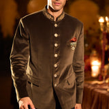Green Velvet Bandhgala Set