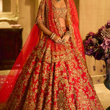 Red Zardosi Cut Work Lehenga Set