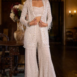 White Sequin Open Jacket Sharara Pant Set