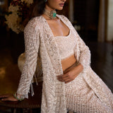 White Sequin Open Jacket Sharara Pant Set