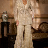 Cream Open Jacket Sharara Pant Set