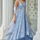 Blue Mirror Work Jacket Sharara Set