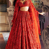 Red 3D Floral Lehenga Set