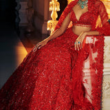 Red 3D Floral Lehenga Set