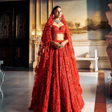 Red 3D Floral Lehenga Set