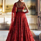 Red 3D Floral Lehenga Set