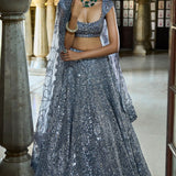 Steel Grey Mirror Work Lehenga Set
