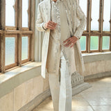 Beige Mirror Work Sherwani Set