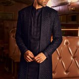 Navy Thread Work Open Sherwani Set