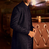 Navy Thread Work Open Sherwani Set