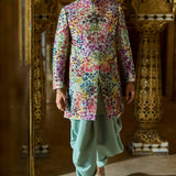 Sage Green Multi-Coloured Three-Dimensional Sherwani Set