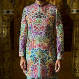 Sage Green Multi-Coloured Three-Dimensional Sherwani Set