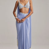 Dew Blue Satin Draped Skirt Set