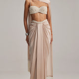 Light Beige Satin Draped Skirt Set