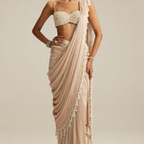 Light Beige Mirror & Pearl Draped Saree Set