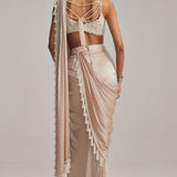 Light Beige Mirror & Pearl Draped Saree Set