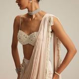Light Beige Mirror & Pearl Draped Saree Set