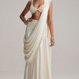 Pearl White Satin Draped Saree Set