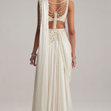Pearl White Satin Draped Saree Set