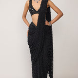 Black V Neck Saree Set