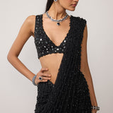 Black V Neck Saree Set