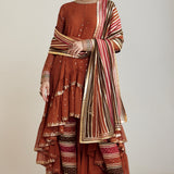 Rust Round Neck Asymmetrical Kurta Pant Set