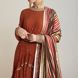 Rust Round Neck Asymmetrical Kurta Pant Set