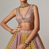 Mustard Multicolour Crop Top Lehenga Set